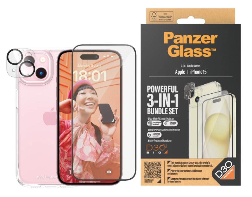 PanzerGlass™ 3-in-1 Set für das iPhone 15 PanzerGlass™ 3-in-1 Set für das iPhone 15